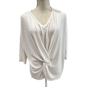 Femme By Tresics Knotted Front Top V-Neck Blouse White Ribbed MX/S